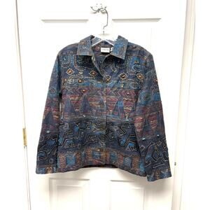 Chico’s Jacket Tapestry Embroidered Button Front Boho Southwest Geometric Sz